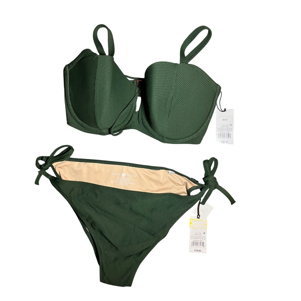 Shade & Shore Green Textured‎ Underwire Bikini Set 38D Top XL Bottoms NWT